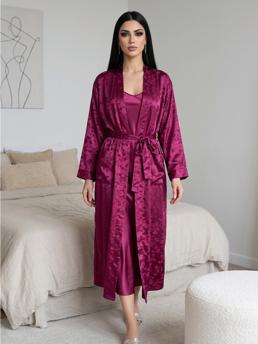 Gloria Vanderbilt Bordeaux Damask Women's Robe Sz M Terry Lined Long Coquette